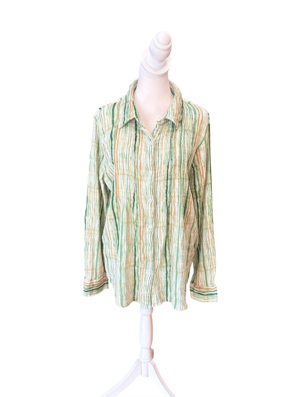 Gunit Cotton Gauze Button Down Shirt Womens Large Green Orange Striped